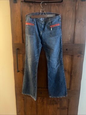 Von Dutch Women's Dark Blue Bootcut Jeans with Red Zip Accents